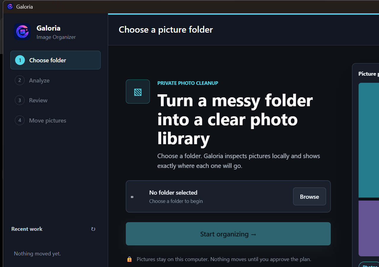 Galoria AI photo organizer asking the user to choose a local picture folder